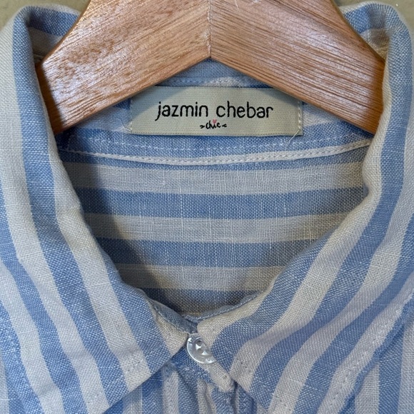 Jazmin Chebar Blue White Linen Button Front T Shirt Dress Size 44 Large - Picture 4 of 6